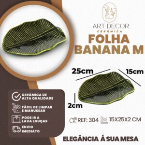 Bandeja Folha Banana Média Cerâmica Louça Cozinha Decoração