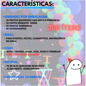 Kit 200 Itens Festa Aniversário Neon Brilha No Escuro Eventos Completo Descartaveis Plástico Pratinhos Garfinhos Copos