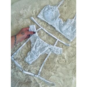 Conjunto Lingerie Sensual de Renda Com Aro Mais Cinta Liga Sedução