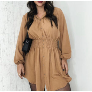 Chamise Manga Longa de Botões Lastex na Cintura, Vestido Feminino.