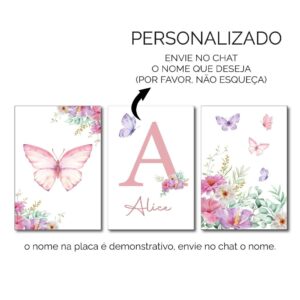 Quadros Decorativos Borboletas Com Nome, Decoração Quarto De Irmãs, Jardim, Moldura Fake, Floral