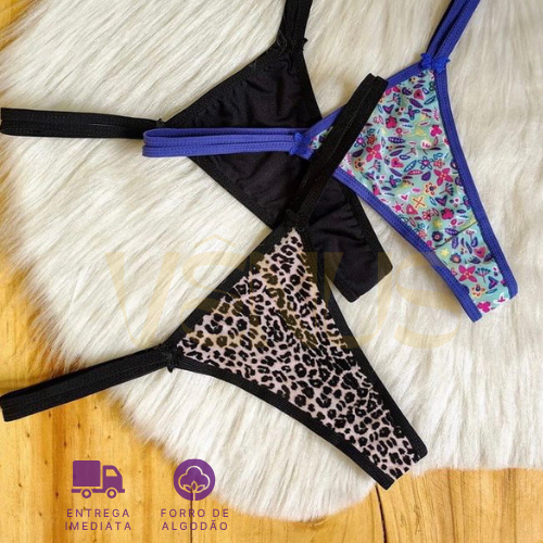 Kit Calcinhas Tirinha Fio Dental Feminina Tam Único Forro Algodão Confortável Estampas Diversas