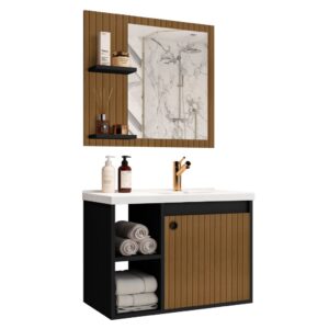 CONJUNTO GABINETE COM ESPELHEIRA E CUBA PARA BANHEIRO 60CM ADONIS RIPADO COM PRETO