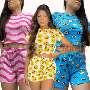 Conjunto Feminino Estampado Blusa Cropped + Short | Malha Crepe