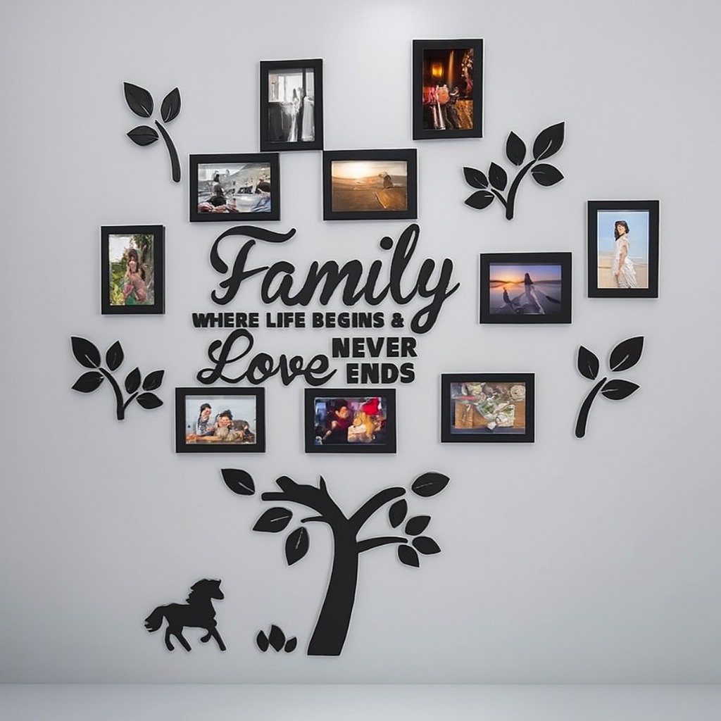 Painel Decorativo Family com Porta-Retratos e Frase Love – MDF Parede Sala