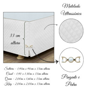 Saia para cama Box Solteiro/Casal/Queen/King Matelada Ultrassônico c/ Pingente e Pedra
