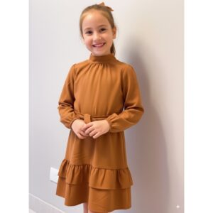 Vestido Infantil Feminino Manga Longa Babados e Faixa de laço Roupa Menina Elegante Moda Casual
