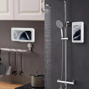 Suporte de Banheiro à Prova d’Água para Celular, Fixação sem Furos, Giratório, Ideal para Cozinha e Chuveiro