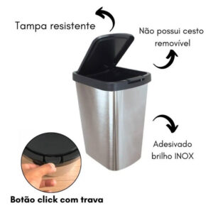 Kit 2 Lixeira Click Label de 9 Litros Plastico Cor Inox Retangular Cozinha Banheiro Tampa Click