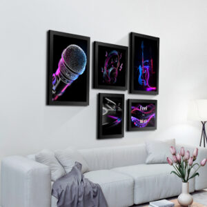 Kit 5 Quadros Decorativos Música Microfone Guitarra Estiloso Sala Quarto Estúdio