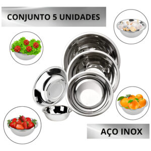 Kit 5 Tigelas Saladeira Inox Bowl Aço Inoxidável Multiuso Cozinha