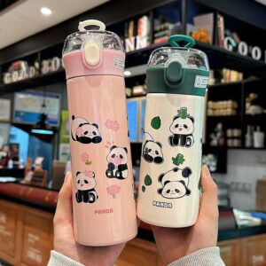 Garrafa Térmica Com Canudo Estampa Panda Aço Inox 380ml