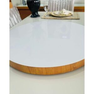 PRATO GIRATÓRIO CENTRO DE MEDA 50CM SALA DE JANTAR BORDA DE MADEIRA VIDRO OFF WHITE LAQUEADO