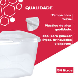 Kit 2 Caixas Organizadoras 34L Transparente de Plástico Brinquedos Roupas Livros