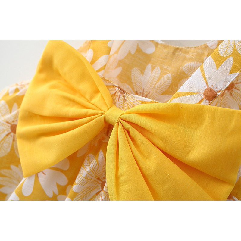 Vestido bebê menina estilo verão grande laço com estampa girassol com chapéu grátis