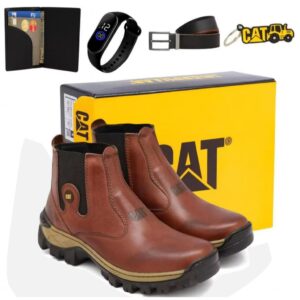 Bota Botina Masculina Cat Impermeável Adventure de Couro Reforçado Solado Costurado Promocao + Relogio Cinto e Carteira