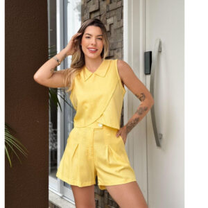 Conjunto Alfaiataria Feminino de Linho Short e Blusa com Gola italiana Elegante