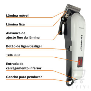 Máquina De Cortar Cabelo Profissional Sem Fio Portátil com Visor Display Digital Branco UM-T500