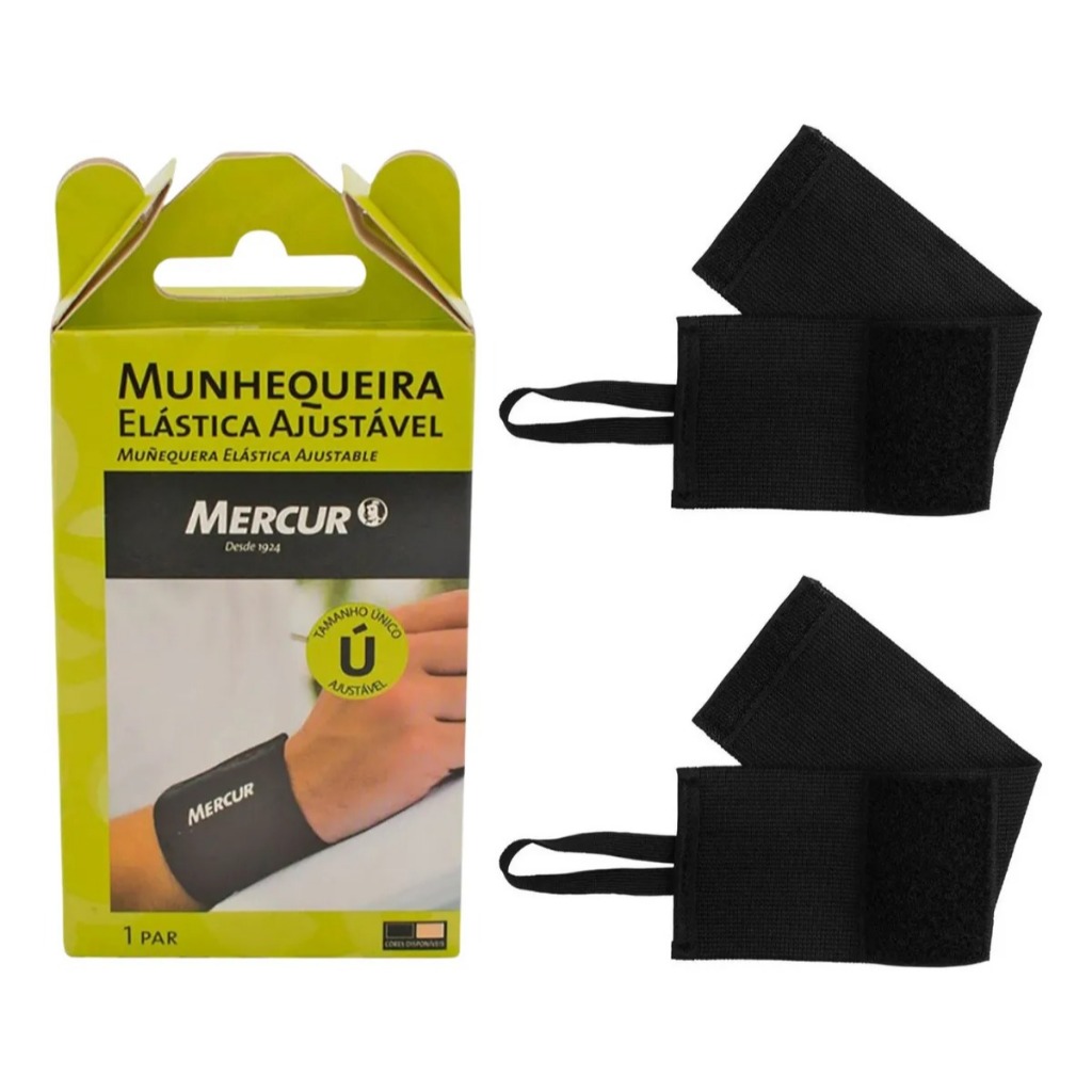 Munhequeira Elástica Mercur 2 Unidades Preta Ajustável Compressão Proteção Pulso Pares
