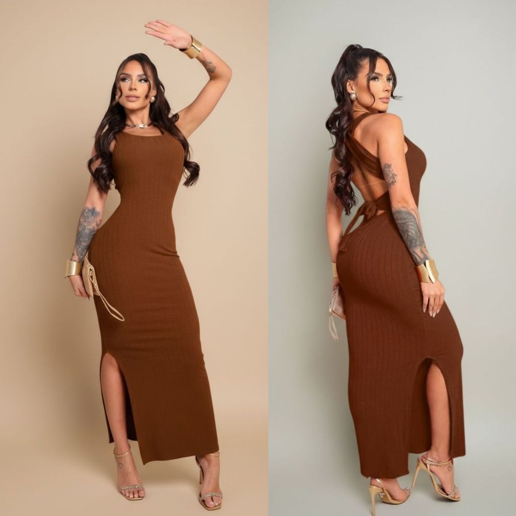 vestido midi com fenda lateral e amarracao nas costas