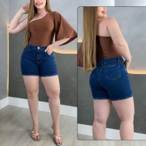 Bermuda Meia Coxa Cintura Alta com Lycra Empina Bumbum Feminina Ciclista jeans Cos Alto Short Elastano