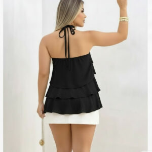 Cropped Bata Blusa Soltinha com Babado em Camadas – Estilo Boho / Ciganinha