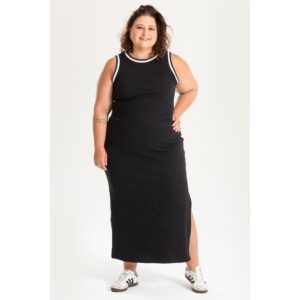 Vestido Feminino Plus Size em Ribana Canelado Preto e Nude Grande Confortável Casual sem manga