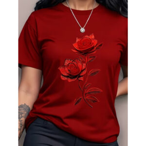CAMISETA FEMININA CASUAL ESTAMPA ROSAS VERMELHAS 100% ALGODÃO