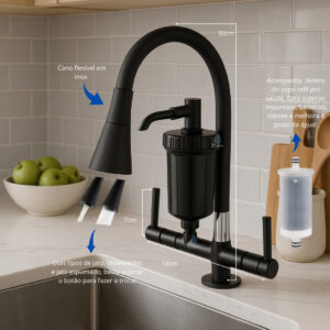 Torneira com Filtro Gourmet Flexível Cozinha Bancada Preta All black c/ Ducha Dois Jatos 1/4 de Volta + Refil