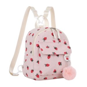 Mochila Feminina Fofa Morango  Material Veludo Cotelê Passeio Coreano Grande Capacidade Com Chaveiro Pompom Impermeável