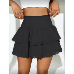 Saia Curta De verao de cintura alta duas camadas Casual Laço Contraste Nó borboleta Nó Noite