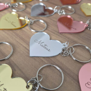 Kit 25/50/100 Chaveiros Coração em Acrílico Espelhado NOME PERSONALIZADO 2mm Prata, Rose e Dourado