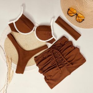 Kit Biquíni 4 peças Top Meia Taça e Calcinha Asa Delta + Saia e Faixa Verão Praia Ano Novo Reveillon