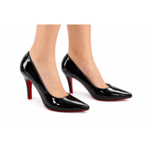 Scarpin Feminino Verniz Preto e Nude com Sola Vermelha | Salto Enfachetado 9cm