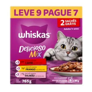 Ração Úmida Whiskas Sachê 3 Sabores Gatos Adultos Carne, Frango e Salmão Leve 9 Pague 7