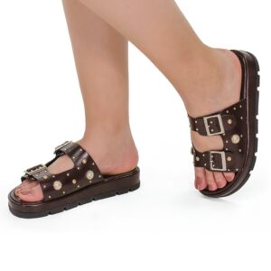 Sandália Rasteira Papete Flatform Spike Ilhós Fivela 052-040