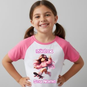 Camisa Camiseta Roblox Menina Bonecas Com Nome Rosa e Branco