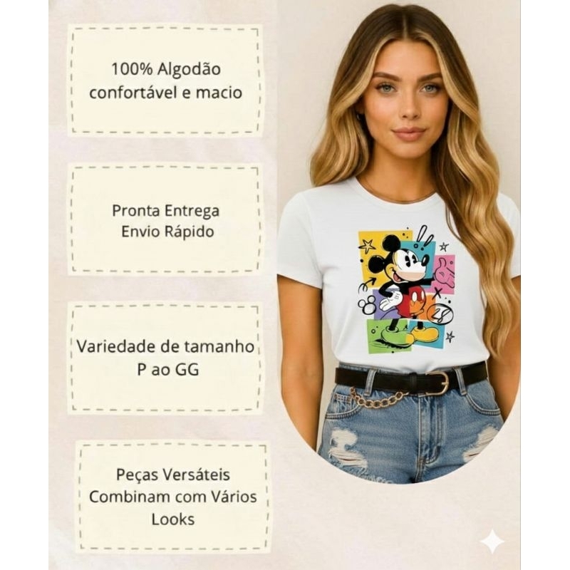 T-Shirt Feminina Disney Estampa Mickey Gola redonda Casual Manga Curta em Algodão Perfeita para Primavera/Verão Camisa