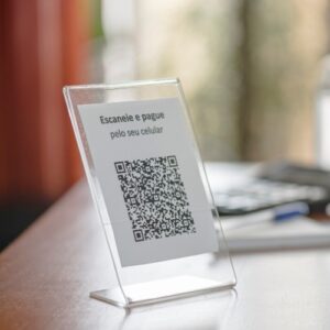 Kit Display Expositor A6 10×15 Mesa Balcão QR Code Placa Pix