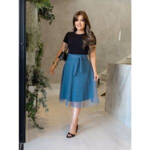 SAIA MIDI EM TULE RODADO FORRADO MODA FEMENINO E EVANGELICO