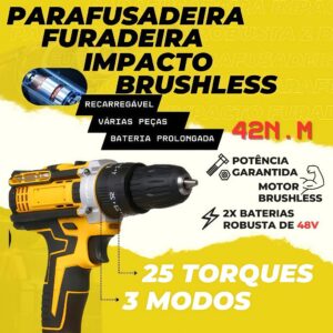Parafusadeira Furadeira e Chave De Impacto 48V 2 Baterias 3 funções Kit Completo Acessórios