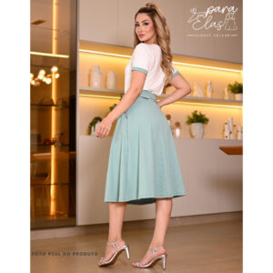 Conjunto Saia Midi Com Cinto + Blusa T-shirt Moda Feminina Evangélica Elegante