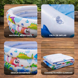 Piscina Inflável Infantil 3 Anéis 180 Litros Segura Redonda Fundo Do Mar Sol Para Crianças Bebes Campo Praia Resistente