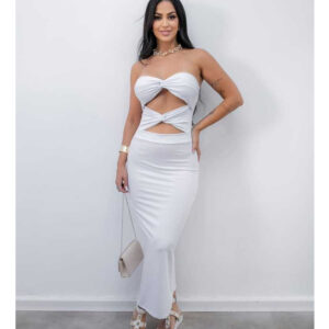 Vestido Longo Feminino Colado ao Corpo Estilo Tubinho Recortes Cut-Out na Cintura e Busto Blogueira