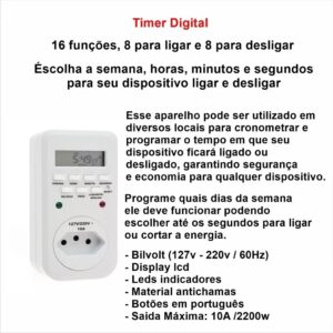 EXBOM Timer Temporizador Digital Programável Tomada 127v/220v 10A Utilizado Para Automação de Piscina e Outros TMD-TB91A