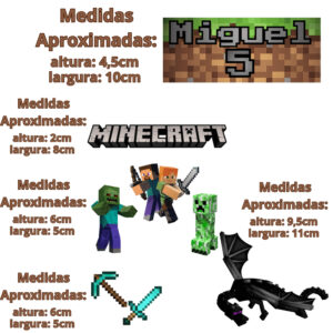 Topo de Bolo Minecraft + Topper Tags para Doces e Brigadeiros Festa de Aniversário