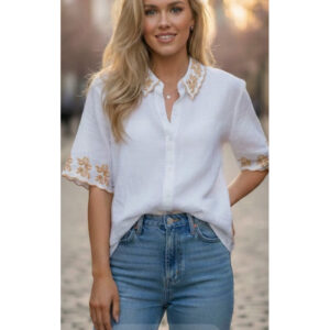 camisa feminina manga curta tecido linho bordada