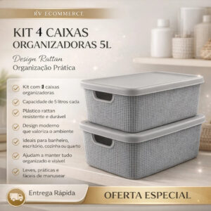 Kit 4 Caixa Organizadora com Tampa 5 Litros Grande em Plástico em Promoção
