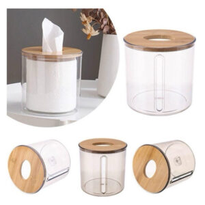 Suporte Porta Papel Higiênico Luxo Transparente com Tampa de Bambu para Banheiro Moderno