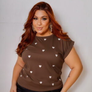 Camisa Feminina Manga Japonesa Plus Size – Coração Estampado 100% Algodão